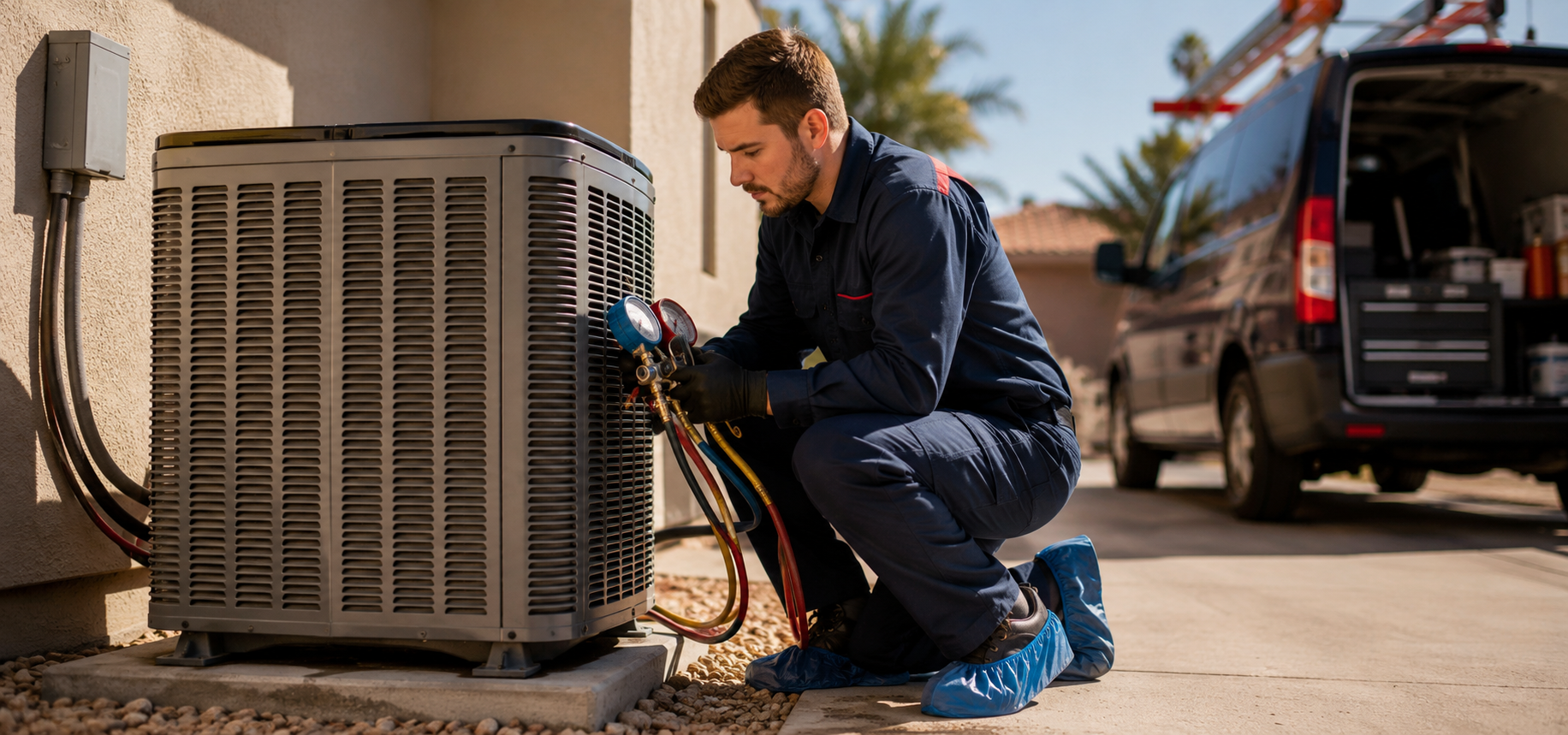 HVAC technician checking gauges on a residential condenser unit